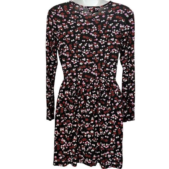 Wednesdays Girl Womens Black Purple Floral Babydoll Long Sleeve V-Neck Dress XS - Picture 14 of 16